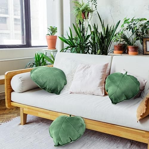 Yookeer 2 Pcs Leaf Shaped Throw Pillow 3D Leaves Plant Decorative Throw Pillows for Couch Living Room Bedroom Sofa Home Decoration, 16 x 16 Inch(Dark Green) thumbnail 5