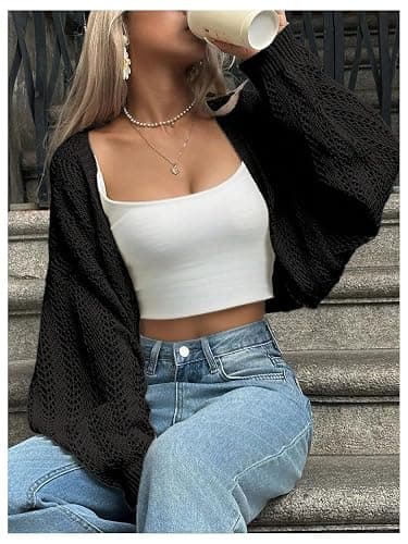 SHENHE Women's Loog Sleeve Crochet Boho Cropped Shrug Sweaters Cardigan | Oversized Lightweight Cardigans, Boho, Cardigan,Shrug,Sweater,Cardigan For Dress thumbnail 3
