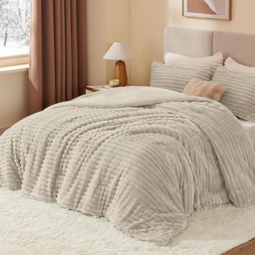 BEDELITE Fleece King Comforter Set -Super Soft & Warm Fluffy Linen Bedding, Luxury Fuzzy Heavy Bed Set for Winter with 2 Pillow Cases thumbnail 2