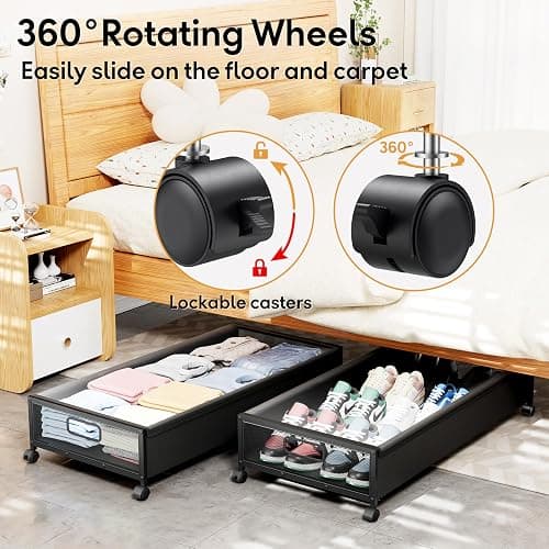Under Bed Storage Containers with Wheels 2 Pack Underbed Shoe Storage Bedroom Storage Bins Organizer Large Capacity Under Bed Storage with Lid for Clothes Shoes Toys Blankets (Black) thumbnail 4
