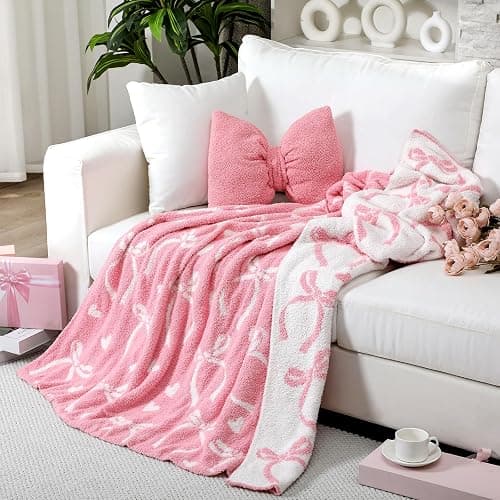 Hillsuren Valentine's Day Pink Bow Throw Blanket and Pillow Set Include Coquette Blanket 50 x 60 Inch and Pink Bow Plush Throw Pillows Cushion for Girls Women Gift Couch Sofa Bed Nursery Preppy Room thumbnail 5