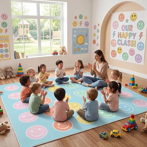Maasechs 8 x 10ft Circle Time Classroom Rug Smile Face Pastel Emotional Feeling Sensory Corner Items Teacher Rug Educational Soft Fluffy Carpet Floor Mat for Nursery Homeschool Playroom Elementary thumbnail 6