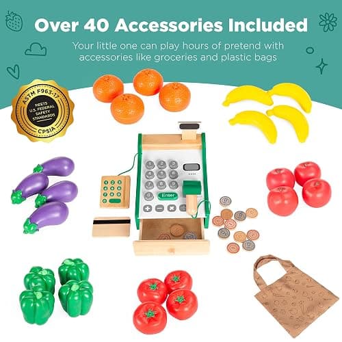 Best Choice Products Pretend Play Grocery Store Wooden Supermarket Toy Set for Kids w/Play Food, Chalkboard, Cash Register, Working Conveyor - Green thumbnail 3