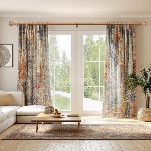 QDWIS Wood Curtain Rods for Windows 48 to 84 Inch,1'' Diameter Drapery Rods with Imitation Wood Grain Leaf Pattern Finials,Boho Adjustable Heavy Duty Curtain Rods Set,36-88'',Color:Natural Wood thumbnail 3