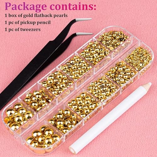 Belleboost Gold Nail Charms and Gems, Half Round Flatback Pearl Nail Charms, Nail Pearls Rhinestones Kit Gold Beads for Nails with Pickup Pencil and Tweezer for DIY Nail Art, Face Makeup and Crafting thumbnail 7