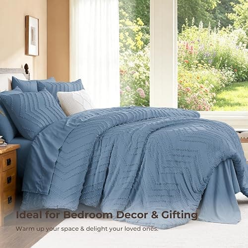 Litanika Full Comforter Set with Sheets, 7 Pieces Boho Bed in a Bag | Grey Blue Fluffy Lightweight Neutral Soft Warm Chevron Tufted Textured Bed Set thumbnail 5