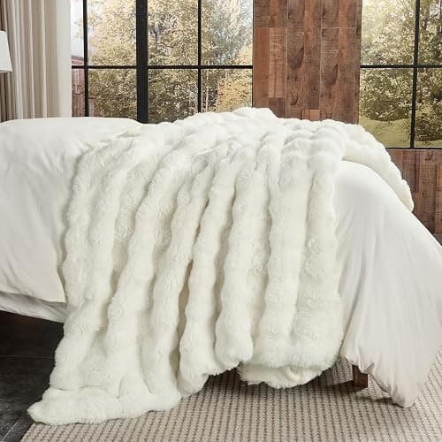 Lotus Karen Faux Fur Throw Blanket Cream White - Big Bubble Rabbit Fluff Blanket for Couch, Small Fluffy Fuzzy Cozy Blanket, Thick Furry Plush Shaggy Blankets, 50x60 Inches thumbnail 5