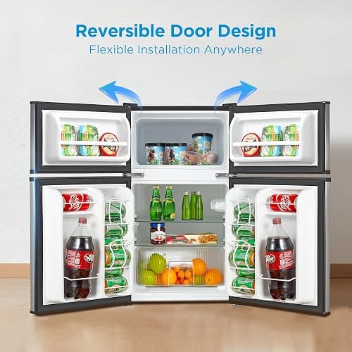 Midea WHD-113FSS1 Double Door Mini Fridge with Freezer for Bedroom Office with Adjustable Legs Removable Glass Shelves Compact Refrigerator, 3.1 cu ft, Stainless Steel thumbnail 6