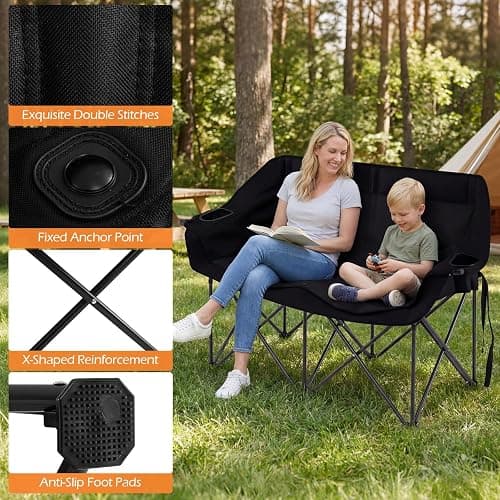 Goplus Double Camping Chair, Oversized Padded Loveseat w/Cup Holders, Glass Racks and Mesh Pockets, 660 LBS Heavy Duty Folding 2 Person Camp Couch w/Carry Bag for Lawn, Beach and Picnic (Black) thumbnail 8