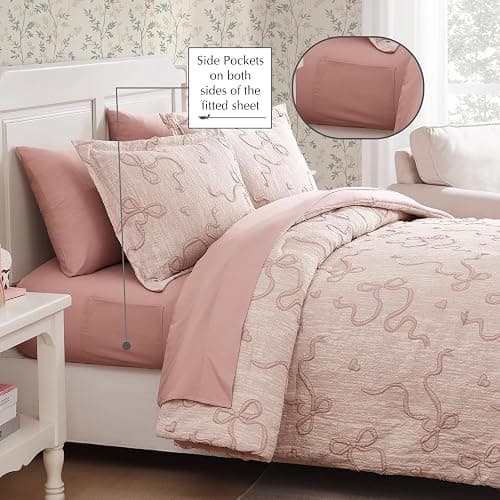 Geniospin Pink Twin/Twin XL Comforter Set for Girls- 5 Pieces Bowknot Jacquard Bed in A Bag Twin Bedding Sets with Sheets, Pillowcases & Shams, All Season Kids Comforter Set thumbnail 3