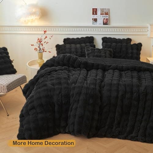 LIFEREVO Fluffy Faux Rabbit Fur Body Pillow Cover, Luxury Bubble Waffle Shaggy Plush Bed Body Pillowcase with Zipper Closure, Long 20"x54" Fuzzy Furry Pillow Case for Adults Kids Girls Teens, Black thumbnail 7
