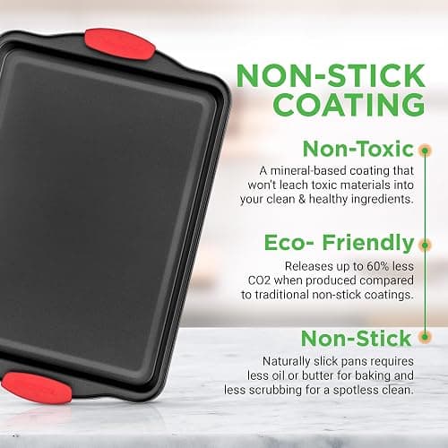 NutriChef 3-Piece Nonstick Kitchen Oven Baking Pans - Premium & Stylish Non-Stick Steel, Commercial Grade Restaurant Quality Metal Bakeware with Red Silicone Handles - Easy to Clean, NCSBS3S thumbnail 4