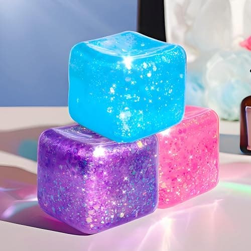 3Pack Slow Rise Glitter Squishy Cube Square Ice Cube Malt Sugar Stress Balls for Adults&Kids, Nice Stress Cube, Sensory Fidget Toys for Mellow and Chill, Classroom Treasure Box(Purple/Pink/Blue) - Image 1