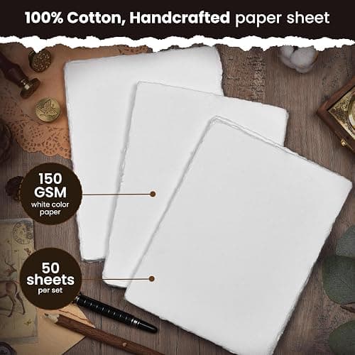 LEATHER VILLAGE Watercolor Paper - 6 X 4 inches, 50 Sheets - Mixed Media Watercolor Paper - 150 GSM Thick Deckle Edge Virgin Cotton Handmade Paper - Off White thumbnail 3