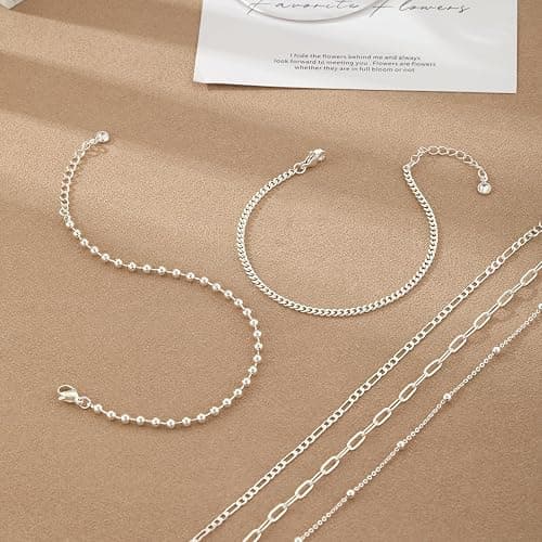 Relveo Gold/Silver Bracelets for Women,14K Real Gold Plated Bracelets Stack Trendy Jewelry Sets Stackable Snake Chain Figaro Paperclip Link Chain Adjustable Bracelet Pack Jewelry for Women thumbnail 5