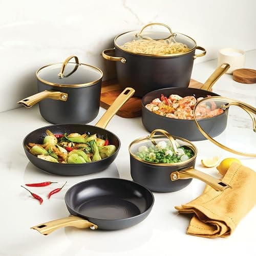 Farberware Forged Induction Ceramic Nonstick Pots and Pans Set with Lids and Kitchen Cooking Tools - Dishwasher Safe, Suitable for All Stovetops, 12 Piece Cookware Set - Black and Gold thumbnail 12