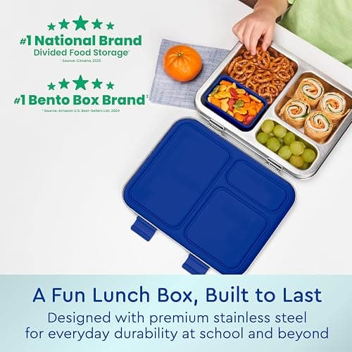 Bentgo Kids Stainless Steel Prints Leak-Resistant Lunch Box - 3-Compartments with Bonus Silicone Container, Durable, Eco-Friendly, Dishwasher Safe, BPA-Free, Ideal for School, Ages 3+ (Shark) thumbnail 3