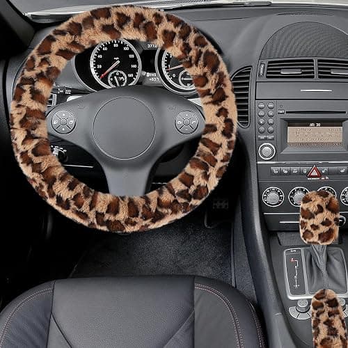 Accmor Fuzzy Car Steering Wheel Cover, Universal Fit Fur Auto Wheel Cover & Handbrake Cover & Gear Shift Cover Set, Leopard Warm Fluffy Vehicle Wheel Protector Car Accessories for Men Women (Brown) thumbnail 3