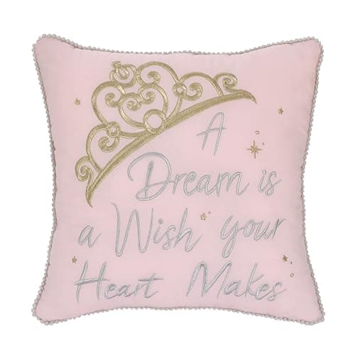 Disney Princess Enchanting Dreams Pink and Gold Embroidered Crown Decorative Throw Pillow with White Pom Pom Trim - Image 1