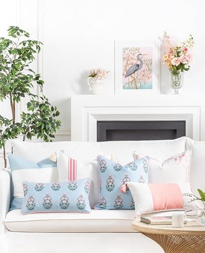 Hofdeco Premium Coastal Patio Indoor Outdoor Throw Pillow Cover Only, 20"x20" Water Repellent for Backyard, Couch, Blush Pink Embroidered Frame Greek Key thumbnail 3