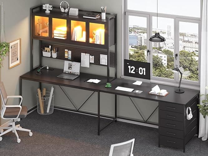 SEDETA L Shaped Gaming Desk with Drawers, L Shaped Computer Desk with Hutch and Storage Shelves, Gaming Desk with Pegboard, Led Lights, and Power Outlet, Home Office Desk, Corner Desk, Black thumbnail 9