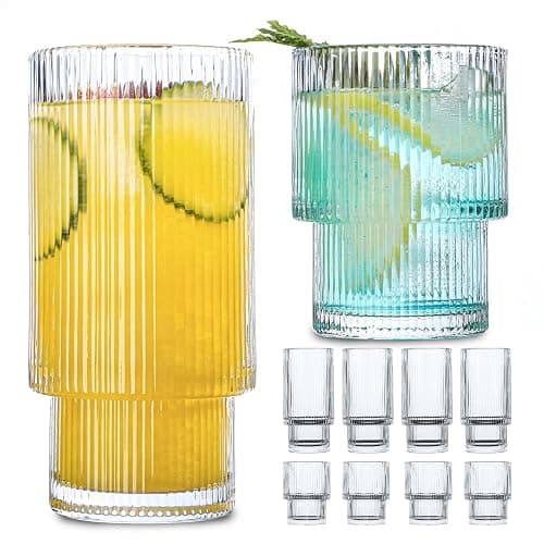 8 Pcs Ribbed Drinking Glass, 4pcs 11 oz & 4 pcs 6oz Vintage Ribbed Glassware with Cleaning Bottle Brushes, Iced Coffee Glasses, Glass Tumbler, Ribbed Highball Glasses for Ideal Gift - Image 1