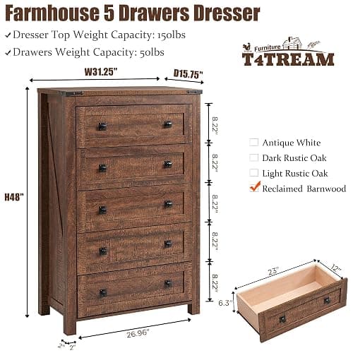 T4TREAM Farmhouse 5 Drawers Dresser Chests for Bedroom, Wood Rustic Tall Chset of Drawers,Dressers Organizer for Bedroom, Living Room,Hallway, Reclaimed Barnwood thumbnail 2