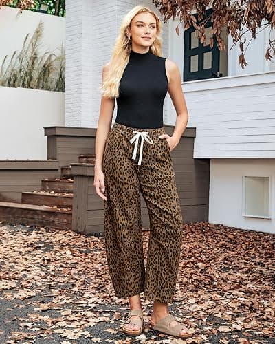 GRAPENT Barrel Jeans for Women Trendy High Waisted Pull On Wide Leg Cropped Leopard Cheetah Print Stretchy Denim Pants thumbnail 5