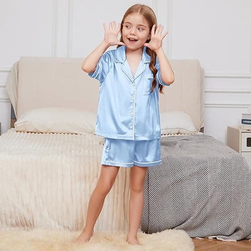 QPANCY Kids Satin Pajamas Sets Baby Boy Girl Button-Down Silk Sleepwear 2 Piece Short Sleeve Loungewear Clothes Set thumbnail 5