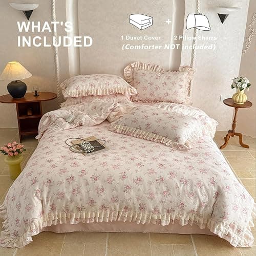 VM VOUGEMARKET Pink Rose Flower Duvet Cover Set Queen Romantic Lace Ruffled Bedding Set Soft Muslin Cotton,Breathable Linen Like Gauze Comforter Cover with Zipper Closure 90"x90" thumbnail 2