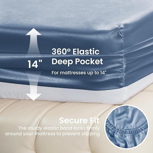Love's cabin Satin Queen Sheets Set - 4 Piece Ash Blue Silky Bed Sheets Set with Deep Pocket, Luxury Silk Feel Satin Queen Size Sheet Set (1 Flat Sheet,1 Fitted Sheet,2 Pillow Cases) thumbnail 4