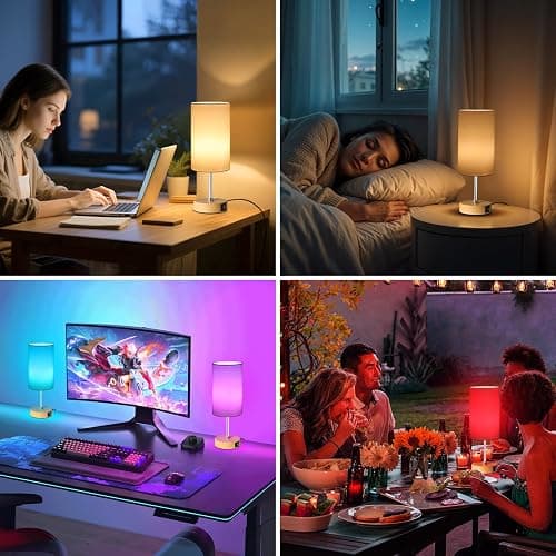 Unicozin Table Lamp with Wood Grain Base, 3 CCT 3000K/4500K/6500K & RGB Color Changing, Stepless Dimmable Small Bedside Lamp for Reading, Ambience Nightstand Light for Home Decor Party, White Shade thumbnail 9