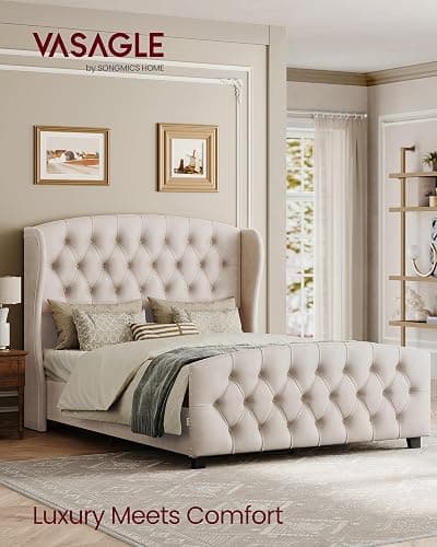 VASAGLE Queen Bed Frame with Tall Headboard, Upholstered Platform Bed Frame Queen Size, with Wingback Tufted Headboard and Footboard, Wooden Slats, No Box Spring Needed, Cappuccino Beige URMB881W01 thumbnail 3