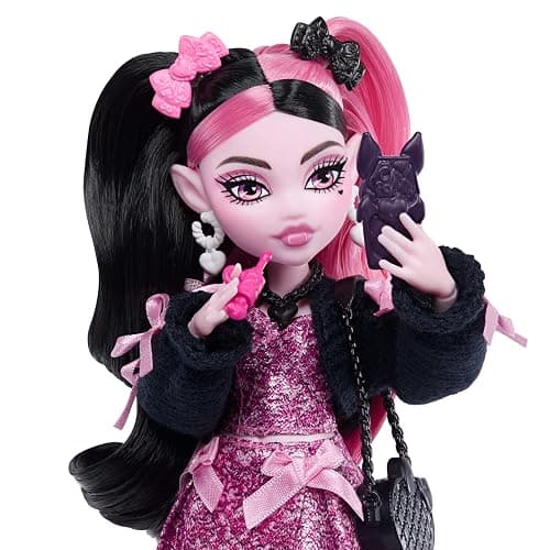 Monster High Doll, Draculaura in Pink Bow Dress and Black Cardigan with Pet Bat Count Fabulous and 7 Accessories Like Ramen, Lipstick and Purse thumbnail 3