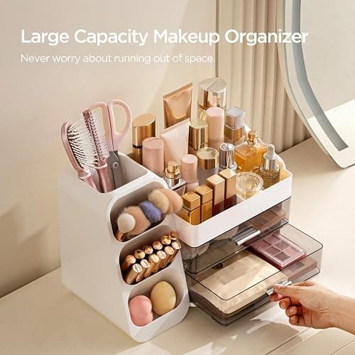 HBlife Makeup Organizer with Brush Holder for Vanity, Large Plastic Bathroom Countertop Organizer Skin Care Storage, Easy to Store Lipsticks, Nail Polishes, Perfumes, Eyeshadow Palettes, White thumbnail 4