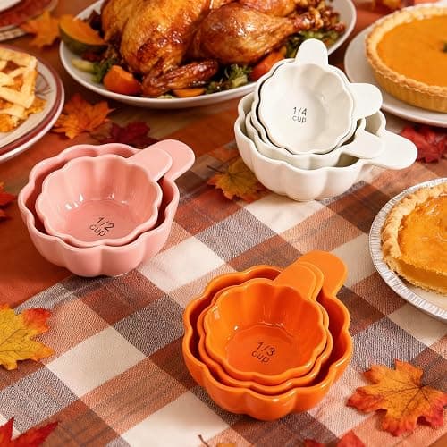 Yeexoxow Pumpkin Ceramic Measuring Cups, 4-Piece Set, Pink | 1, ½, ⅓ & ¼ Cup Sizes, Baking & Cooking, Food Prep, Nesting Design thumbnail 7
