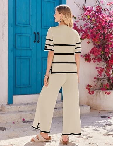 Ekouaer Lounge Set for Women Travel Outfits 2 Piece Sets Short Sleeve Sweater Top Wide Leg Long Pants Loungewear thumbnail 5