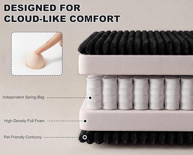 KIVENJAJA 96" Boneless Sectional Couch, 3 Seat with Chaise, Black | living room, apartment, basement, no assembly required, deep seat, cloud, easy to move, corduroy fabric, high-density foam thumbnail 5