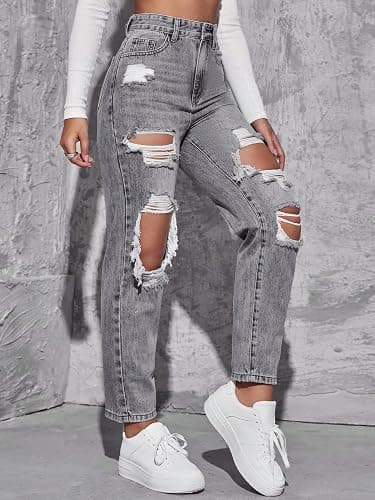Floerns Women's High Waist Boyfriend Straight Leg Ripped Jeans Distressed Denim Pants Grey thumbnail 3