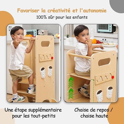 Tour d'apprentissage Montessori 4 en 1 Olvy Kids - Échelle en Bois - Tabouret escabeau à 4 marches - Tour de Cuisine pour Enfants - Tour d'apprentissage Debout pour Enfants à partir de 1 an thumbnail 5
