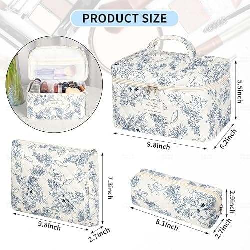 senbowe Floral Makeup Bag, 3 Pack Large Cotton Quilted Makeup Bag Set, Cute Floral Coquette Aesthetic Toiletry Bag Make Up Cosmetic Bag for Women, Toiletry Travel Make Up Organizer Bag thumbnail 2