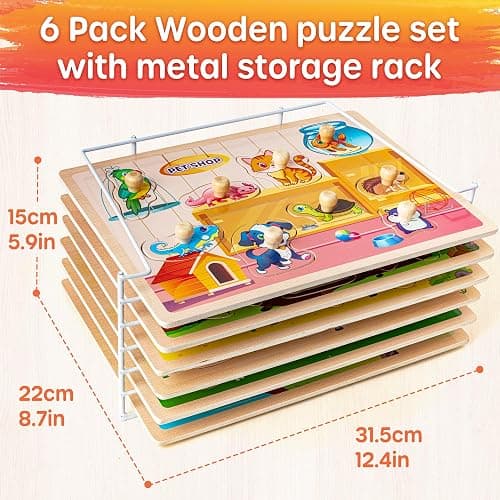 SYNARRY Wooden Puzzles for Toddlers 1-3, 6XSET Animals Puzzles for Toddlers 2-4 with Rack, Toddler Puzzles Ages 2-4, Kids Learning Educational Montessori Toys for 2 3 Year Old, Gifts for Boys Girls thumbnail 3