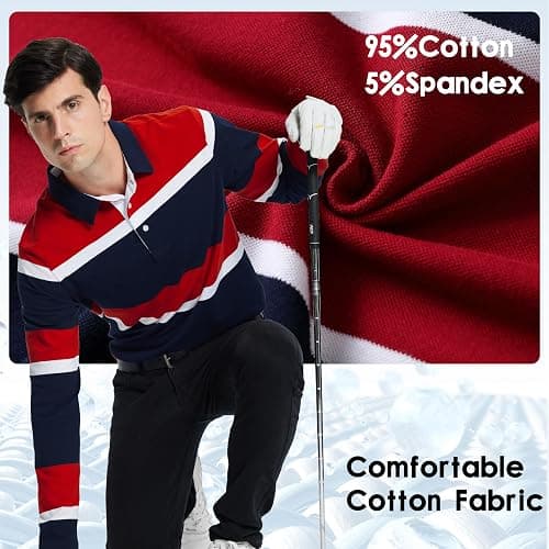 Men's Polo Shirts Long Sleeve Striped Dry Fit Casual Collared Pique Golf Polo Shirts for Mens thumbnail 3