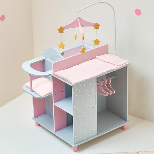 Olivia's Little World 6-in-1 Wooden Baby Doll Changing Station with Crib, Changing Table, High Chair, Double-Door Closet, Sink and Washing Machine, Multicolored thumbnail 2