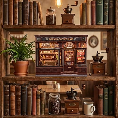 Fsolis Book Nook Kit - 3D Wooden Puzzles for Adults (Corner Coffee Shop) | Tiny Cafe House Bookshelf Diorama Booknook Bookstore Mini Building Kit Gifts for Women thumbnail 2