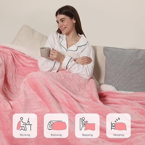 ESTINGO Heated Blanket Throw, Electric Throw Blanket with 5 Heating Levels & 4 Hours Auto Off, Soft Cozy Flannel Sherpa Electric Heated Blanket with ETL Certified for Office, 50"x60", Pale Pink thumbnail 5
