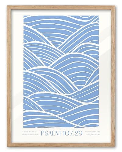 EcoHest 12x16 in Psalm 107:29 Ocean Waves Christian Framed Wall Art | Natural Oak Wood Frame with Canvas Wall Art, Scripture Bible Verse Decor for Bedroom, Living Room, Office, Church, 1Pack - Image 1