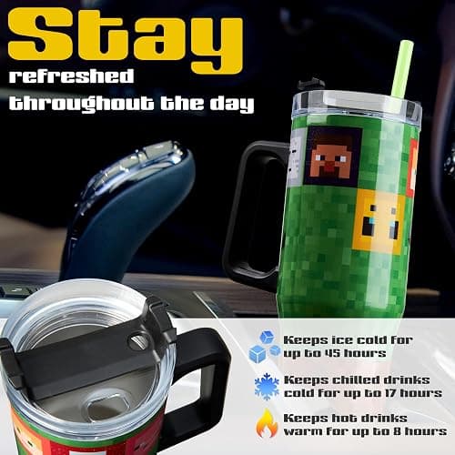 Minecraft Insulated Tumbler Travel Mug 940ml/33oz Creeper Water Bottle with Straw & Handle Thermal Double Wall Vacuum Insulation Drinks Cold Up to 17Hrs, Hot Up to 8Hrs, 45Hrs Ice thumbnail 6