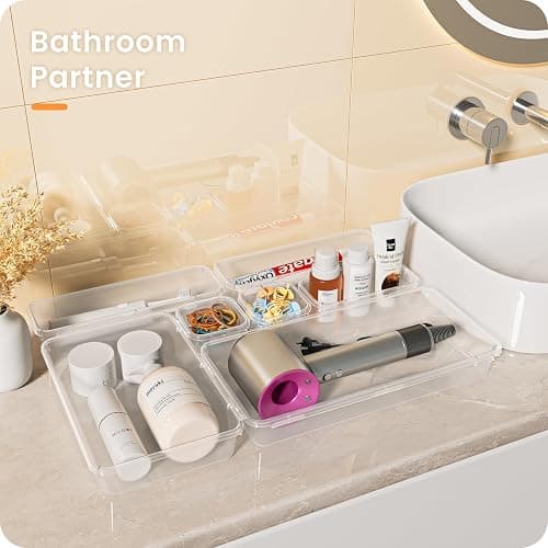 A-LuGei 【Military Grade】 Drawer Organizer, 【𝟱𝗦𝗶𝘇𝗲】 Makeup organizer, 【Holds 177 Items】 Bathroom Organizers and Storage, Organization and Storage, Desk Drawer Organizer for Vanity (Clear) thumbnail 8
