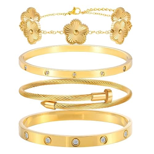 ISELBDR 18K Gold Bracelets for Women - Stackable Clover & Nail Love Bangle Set - Non-Tarnish Stainless Steel Jewelry Gift for Valentine's, Mother's Day & Christmas - Image 1